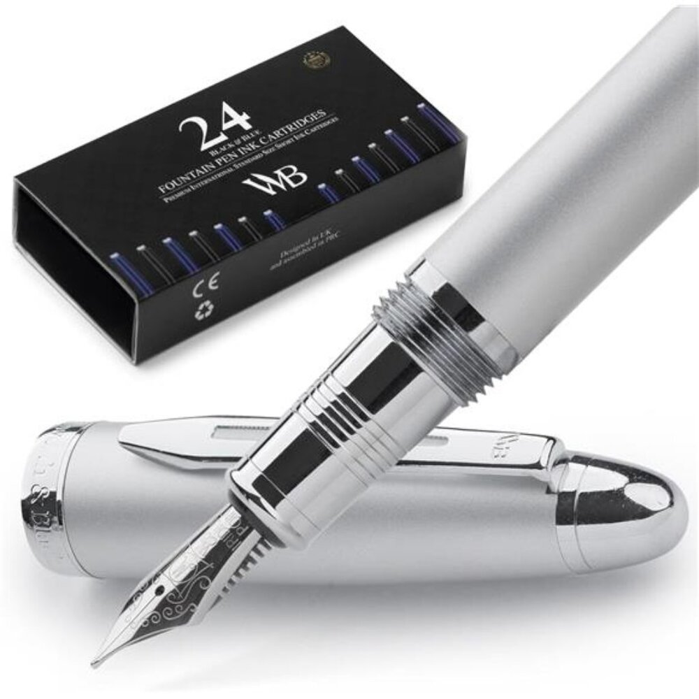 Wordsworth & Black Majesti Fountain Pen-(Silver), Luxury Case, 24K Gold Finish;